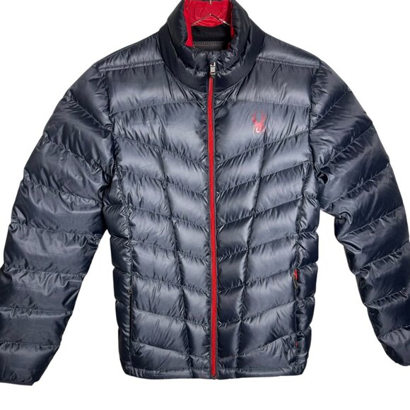 Spyder Men's Pelmo Down Jacket size small dark gray with red accents - Picture 2 of 11